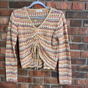 Jolie & Joy womens crochet striped v neck sweater tan M